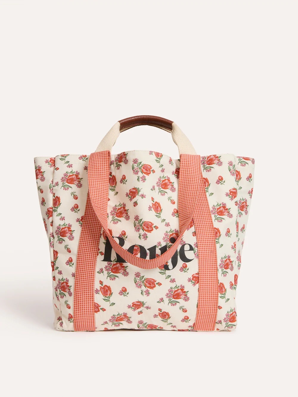 Rouje Cream Tote with Red Rose Print and Red Straps